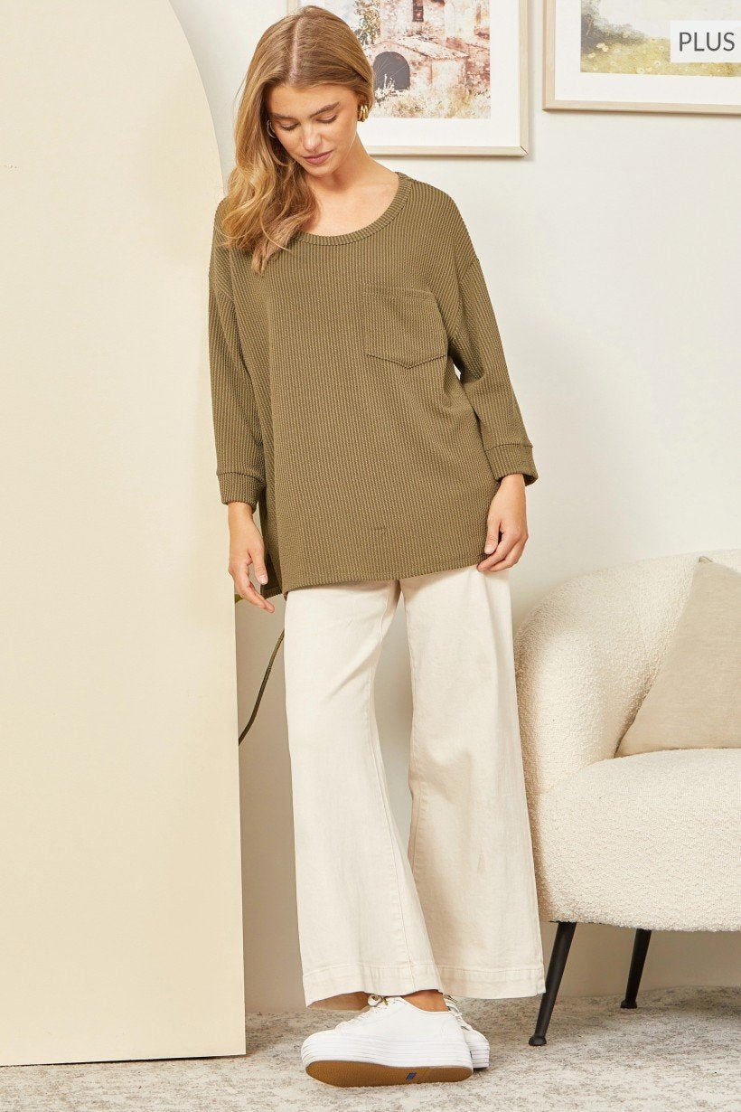 Stylish plus size olive thermal top, perfect for coastal boutique clothing and curvy women's fashion in Port Aransas.