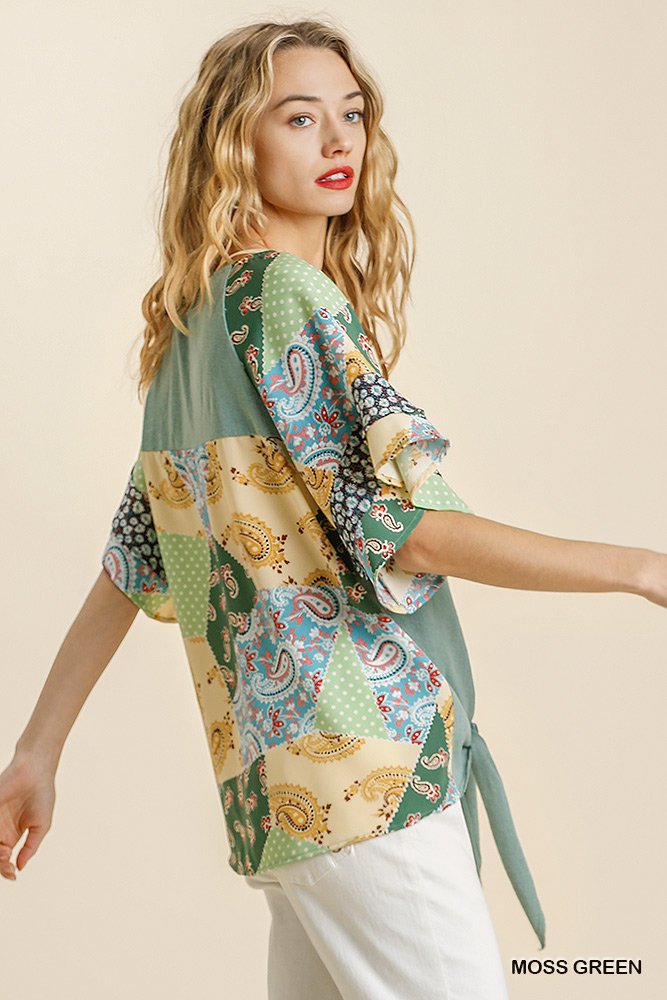GREEN PRINT HEATHER KNIT TOP WITH TIE AT WAIST showcased in a stylish model photo, perfect for summer outfits Texas.