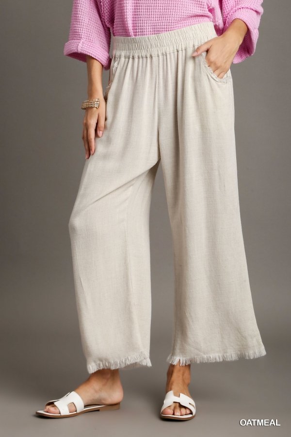 OATMEAL FRAYED HEM PANT-UMGEE displayed with casual styling, perfect for summer outfits Texas from Raggdoll Boutique.