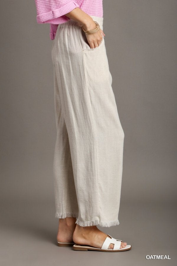 OATMEAL FRAYED HEM PANT-UMGEE displayed on model, perfect for summer outfits Texas at Raggdoll Boutique.