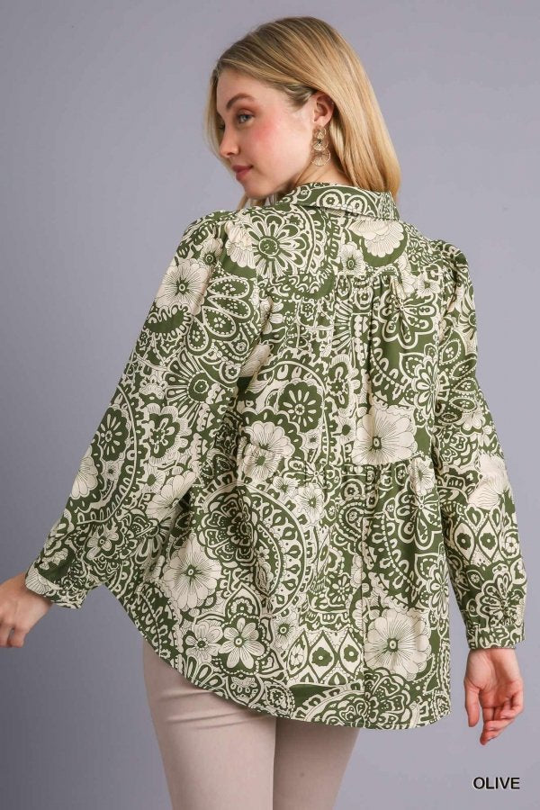 Back view of olive mixed print babydoll top, perfect for coastal boutique clothing and tropical vacation outfits.