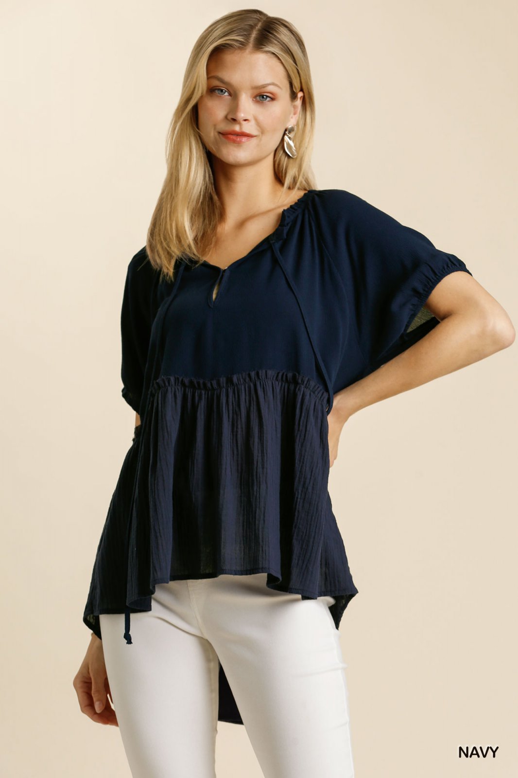 Navy Short Leeve Hi-Lo Top from Raggdoll Boutique, perfect for trendy coastal style and summer outfits in Port Aransas.