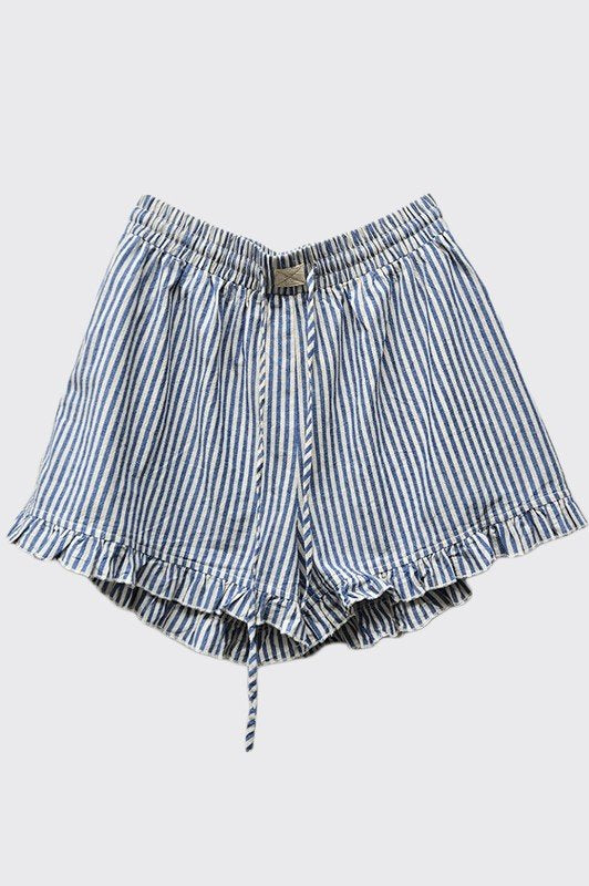Jenny Shorts - Navy striped cotton ruffle shorts for trendy coastal style at Raggdoll Boutique.