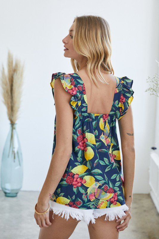 NAVY FLORAL PRINTED SQUARE NECK SLEEVELESS TOP with colorful floral patterns and ruffle details, perfect for summer outfits Texas.