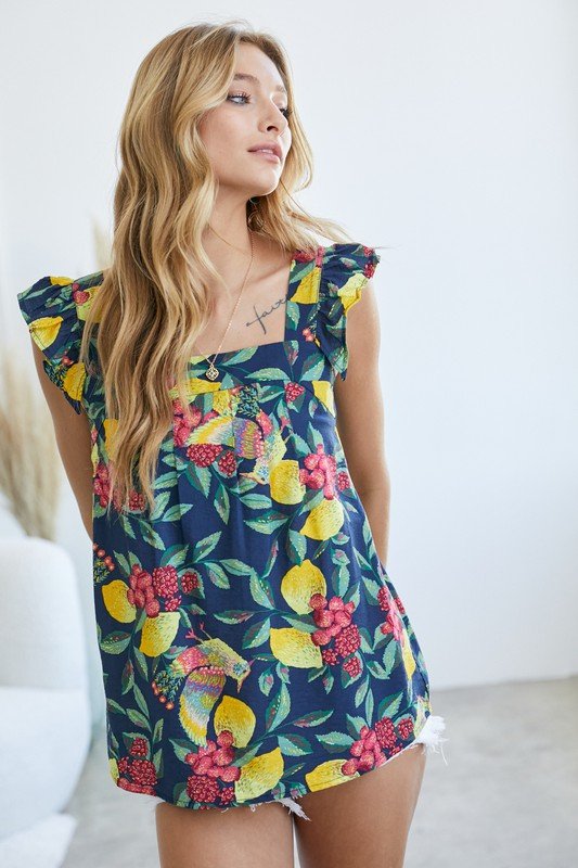 Navy floral printed square neck sleeveless top from Raggdoll Boutique, ideal for coastal fashion and summer outfits Texas.