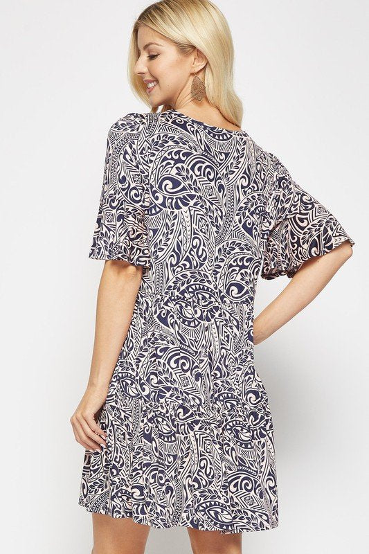 NAVY/PINK BABYDOLL DRESS PLUS with damask pattern, ruffle sleeves, and tiered bottom from Raggdoll Boutique.