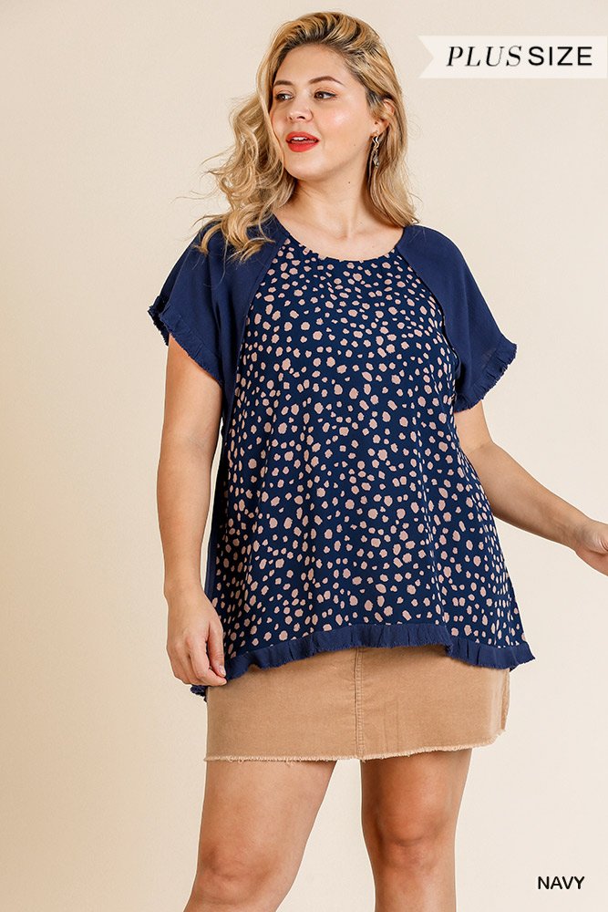 NAVY LINEN BLEND PLUT OP WITH PRINT SLEEVES from Raggdoll Boutique, perfect for coastal fashion.