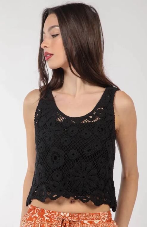 Model wearing BLACK CROCHET CROP TOP from Raggdoll Boutique, perfect for trendy coastal style and summer outfits Texas.