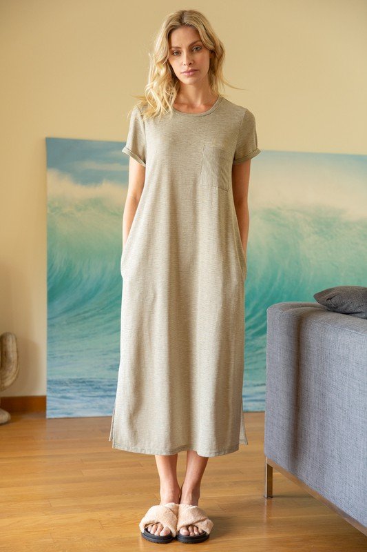 Model wearing COMFY OLIVE DRESS with pockets, perfect for summer outfits Texas. Available at Raggdoll Boutique.