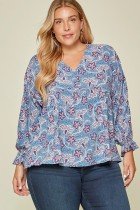 PLUS MIDNIGHT BLUE BABYDOLL MIX PRINT TOP featuring v neckline and billow sleeves, ideal for trendy coastal style.