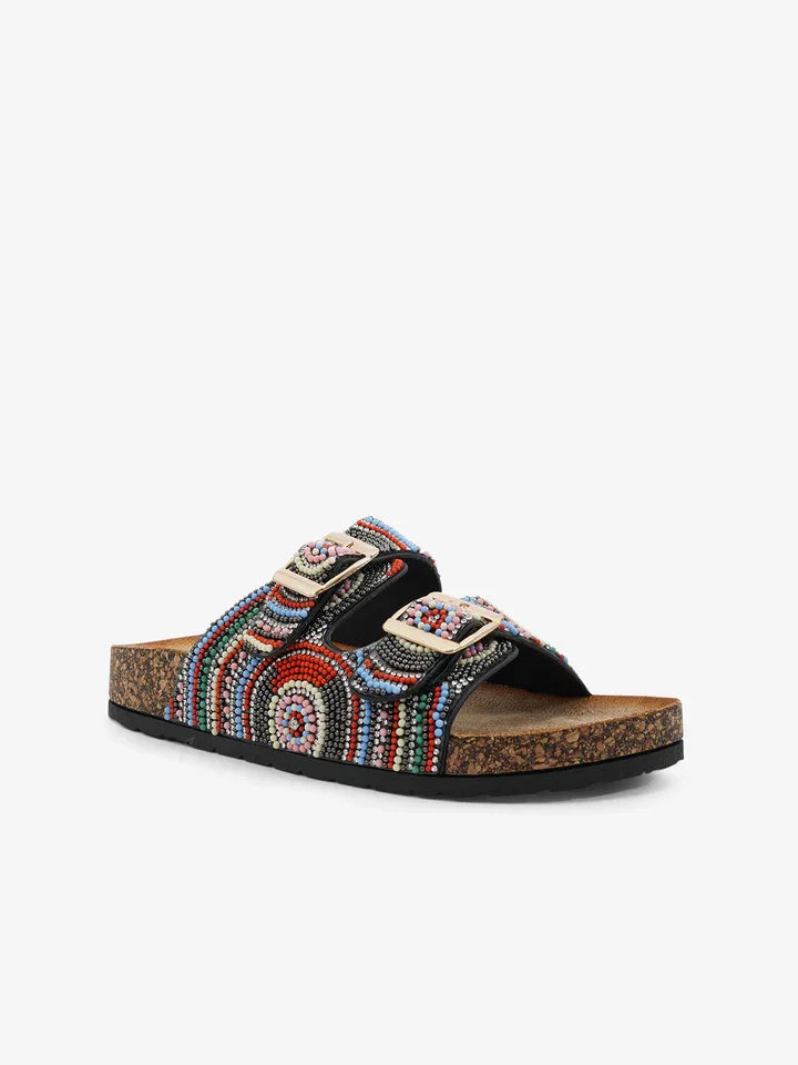Black multi bead slide, perfect for coastal boutique clothing and tropical vacation dresses. Stylish and comfortable footwear.