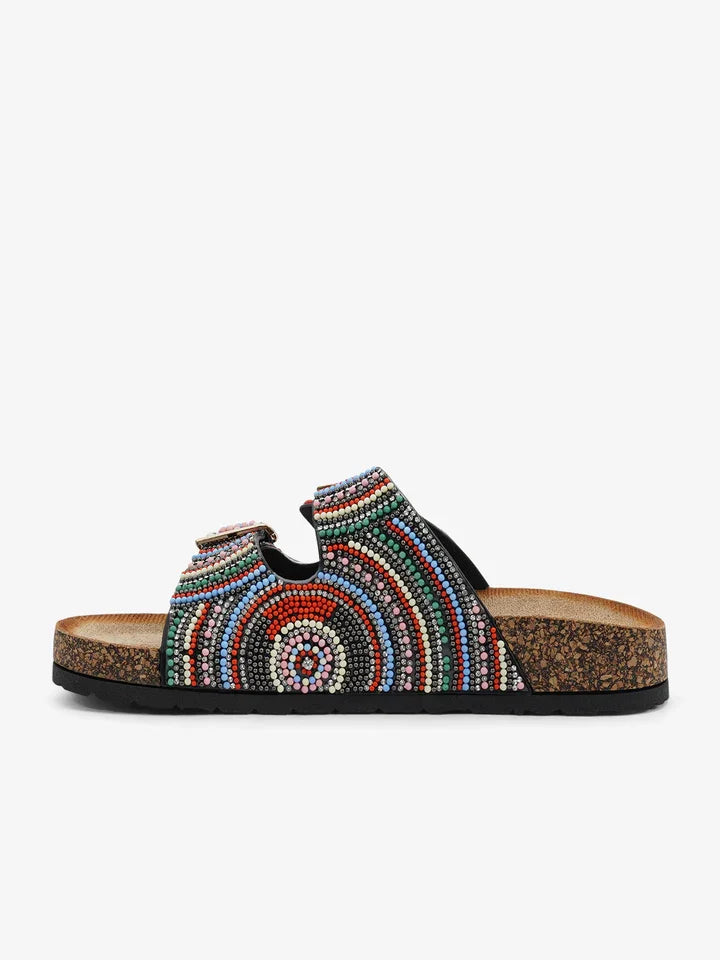 Black multi bead slide shoe from a coastal boutique, perfect for casual beach wear and curvy plus size fashion.