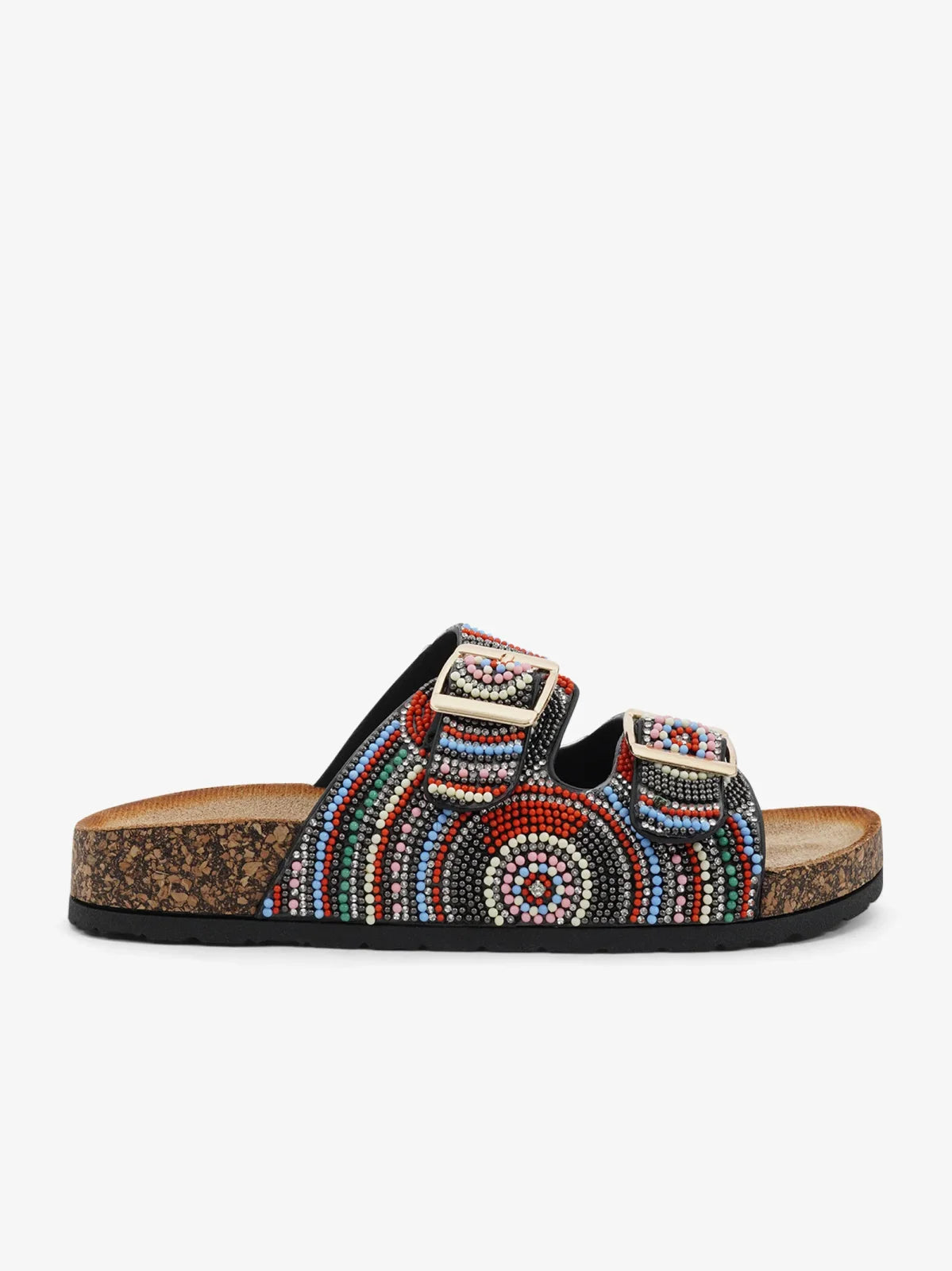 Black multi bead slide sandals, perfect for coastal boutique clothing and stylish beach outfits. Comfortable and chic footwear.
