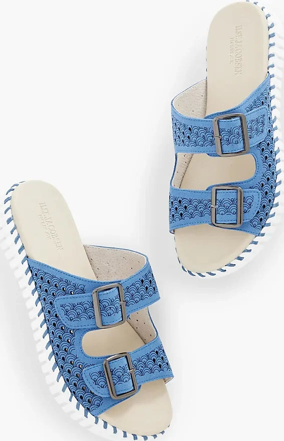 LIGHT REGATTA TULIP SANDALS DOUBLE STRAP W/BUCKLES by ILSE JACOBSEN in blue with two straps and a stylish laser cut design.