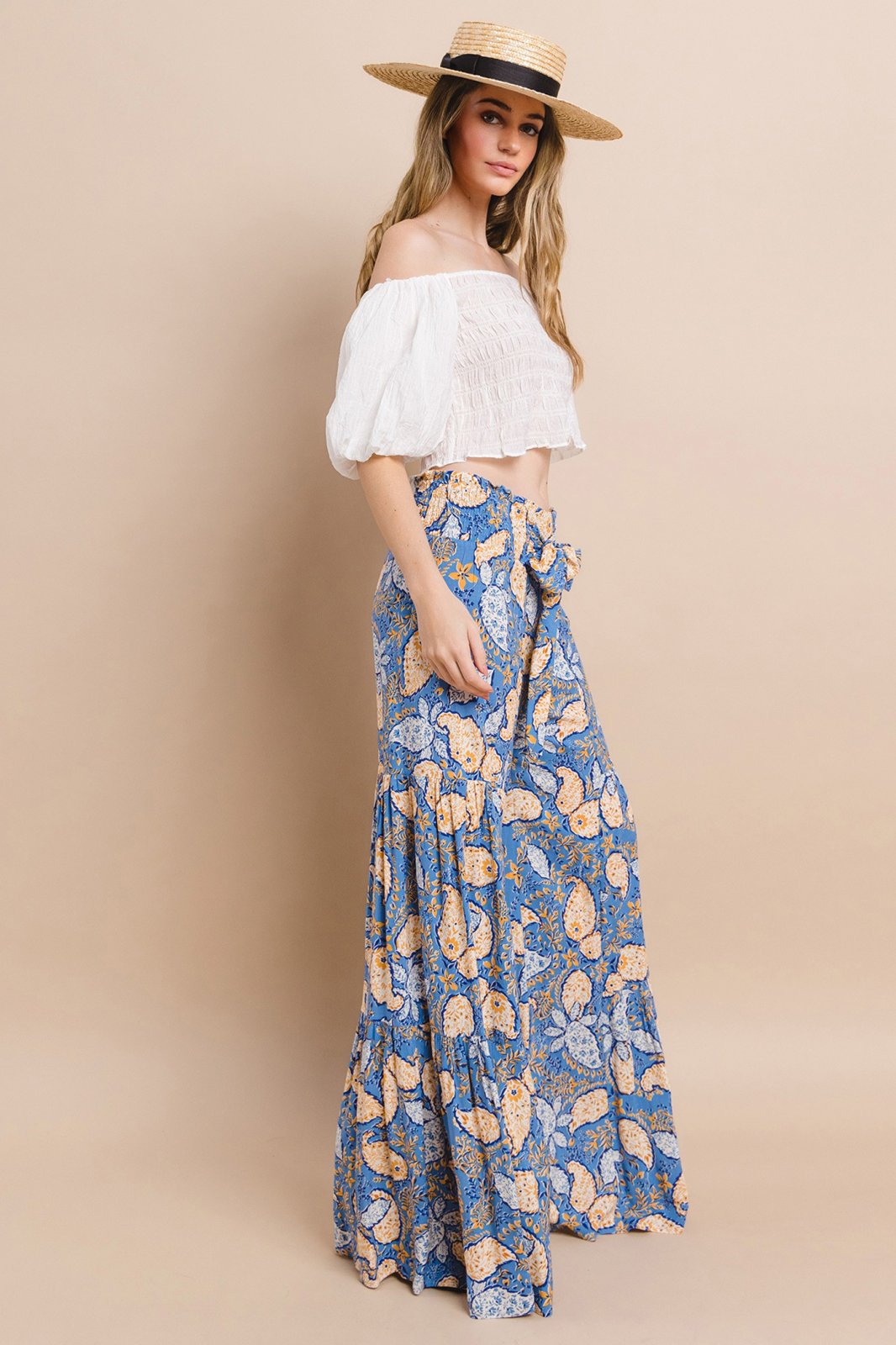 Blue multi wide sweep palazzo pants with boho paisley print, perfect for coastal boutique clothing and tropical vacations.