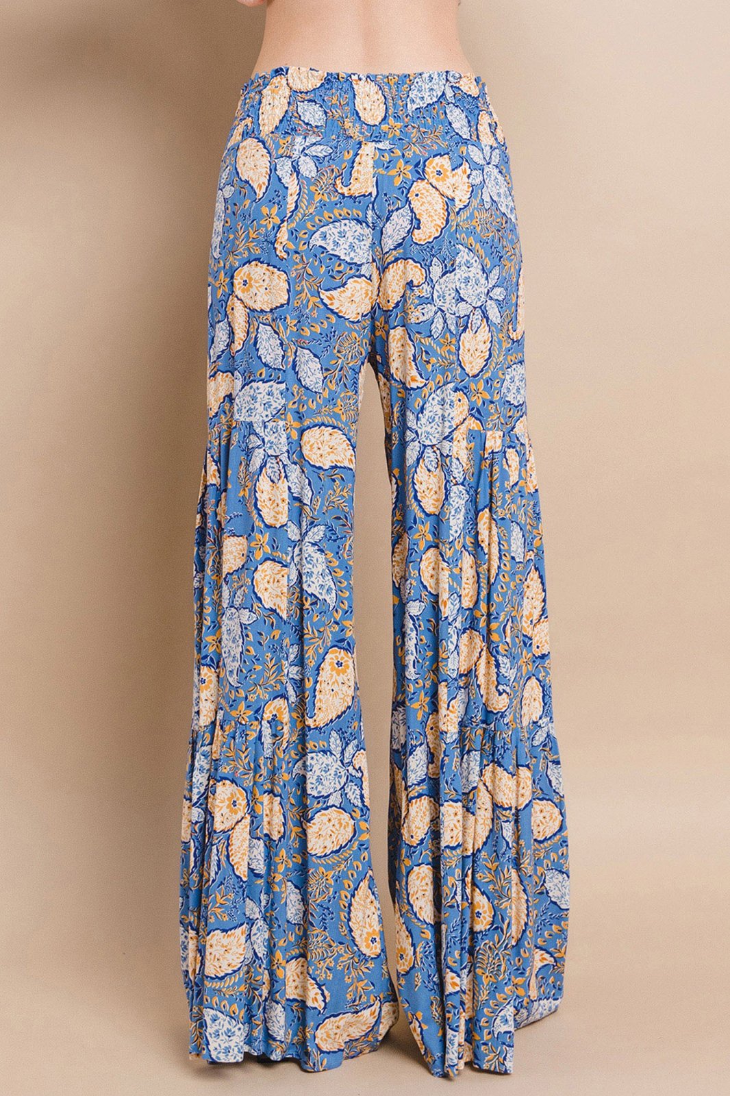 Palmer Pants: Blue paisley palazzo pants for women, perfect for coastal boutique clothing and tropical vacations.