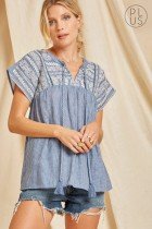 PLUS DENIM-STRIPED EMBROIDERED TOP from Raggdoll Boutique, perfect for summer outfits Texas and coastal fashion style.