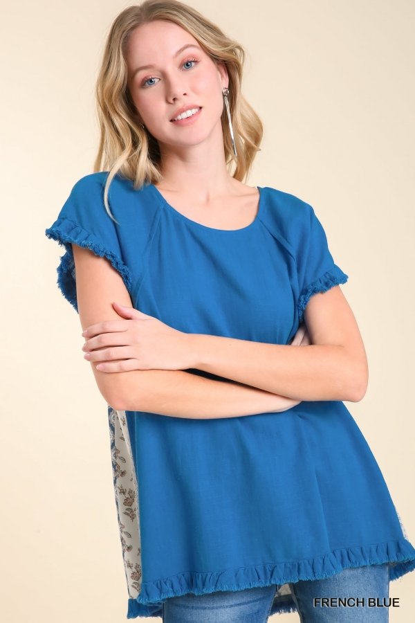 FRENCH BLUE top with decorative contrast back, perfect for coastal boutique clothing and tropical vacations.