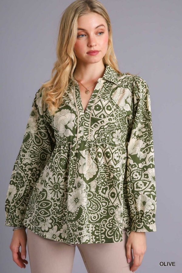 Olive mixed print babydoll top made of 100% cotton, perfect for coastal boutique clothing and stylish women's fashion.