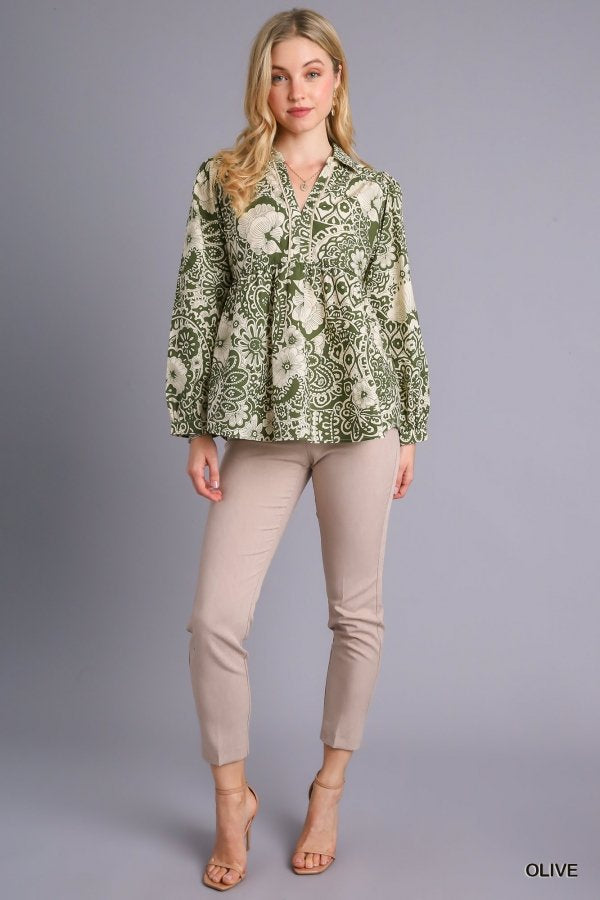 Olive mixed print babydoll top, stylish coastal boutique clothing, perfect for tropical vacation dresses and curated women's fashion.