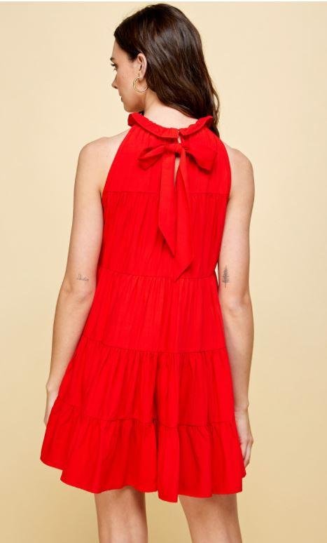 FIRECRACKER RED DRESS back view showcasing halter neck and tie closure, from Raggdoll Boutique, perfect for summer outfits Texas.
