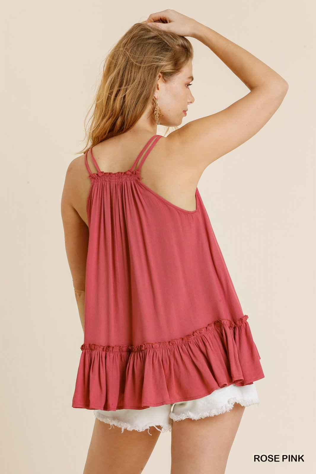 ROSEY PINK DOUBLE SPAGHETTI STRAP RUFFLE HEM TOP, perfect for summer outfits Texas, from Raggdoll Boutique.