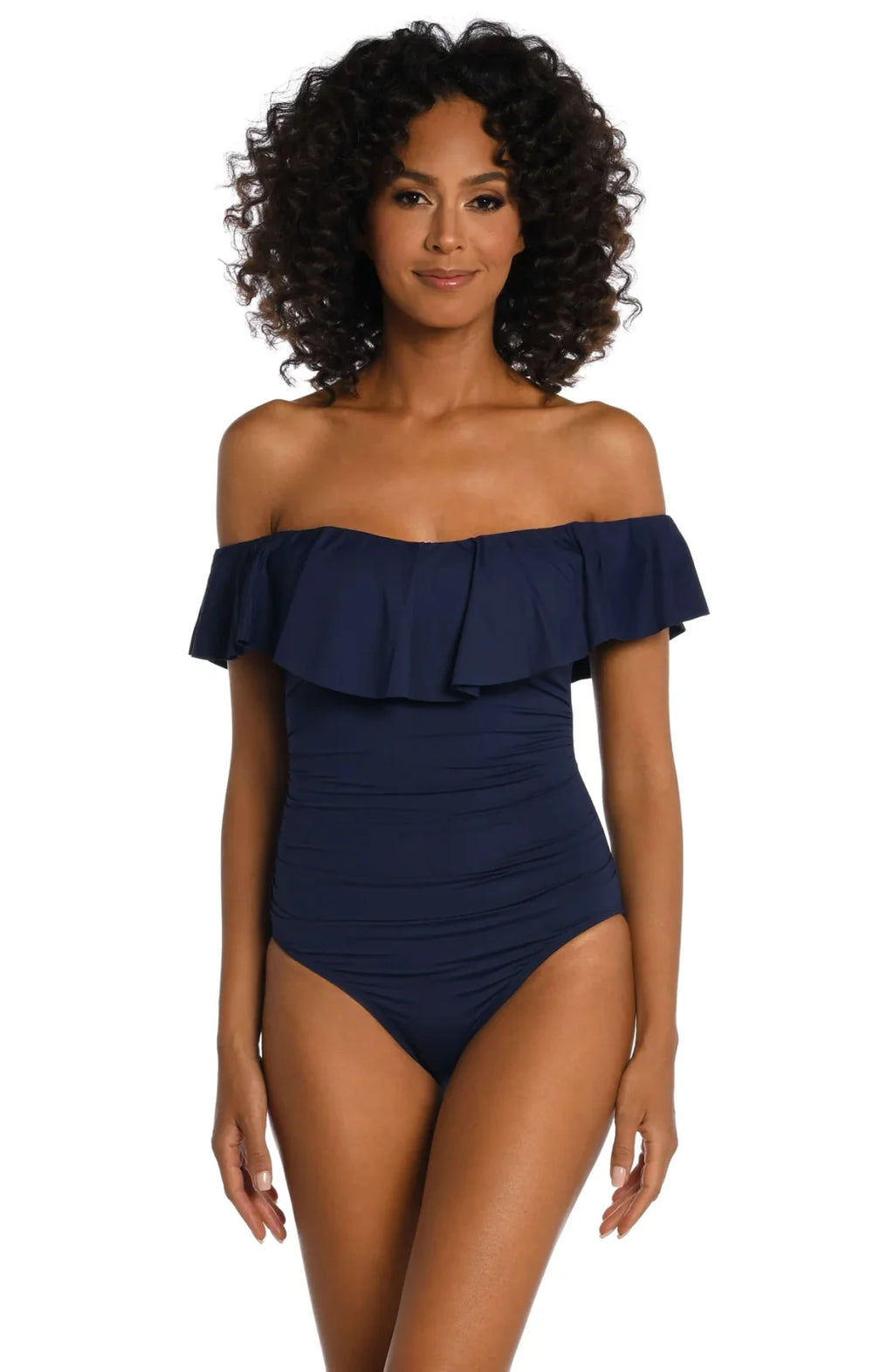 Stylish Indigo Off Shoulder Ruffle One Piece for women's beachwear, perfect for tropical vacations and coastal boutique clothing.