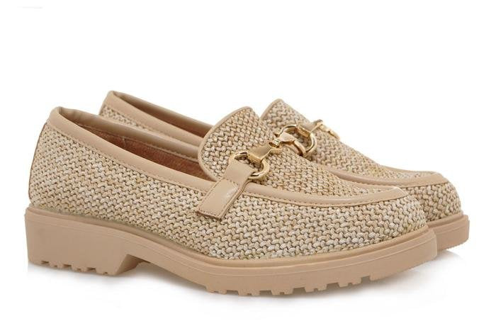 Stylish camel loafers with soft insole, perfect for women's fashion. Ideal for coastal boutique clothing and tropical vacations.