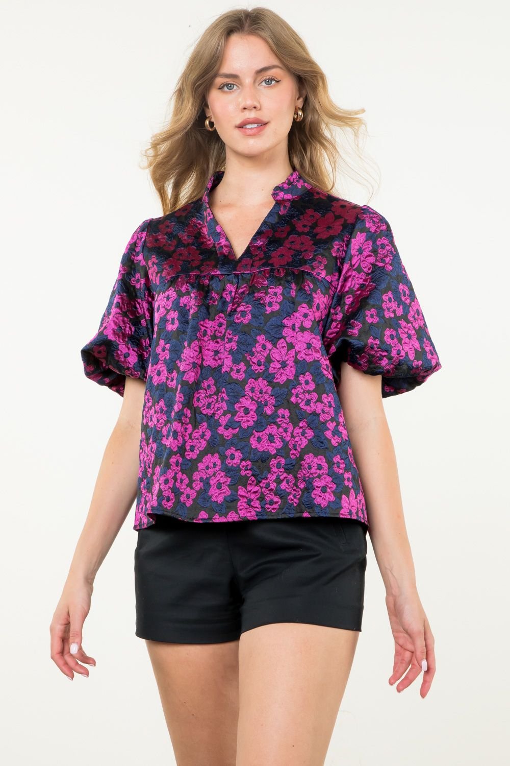 Stylish THML puff sleeve navy and fuchsia floral top for women, perfect for coastal boutique clothing and tropical vacations.