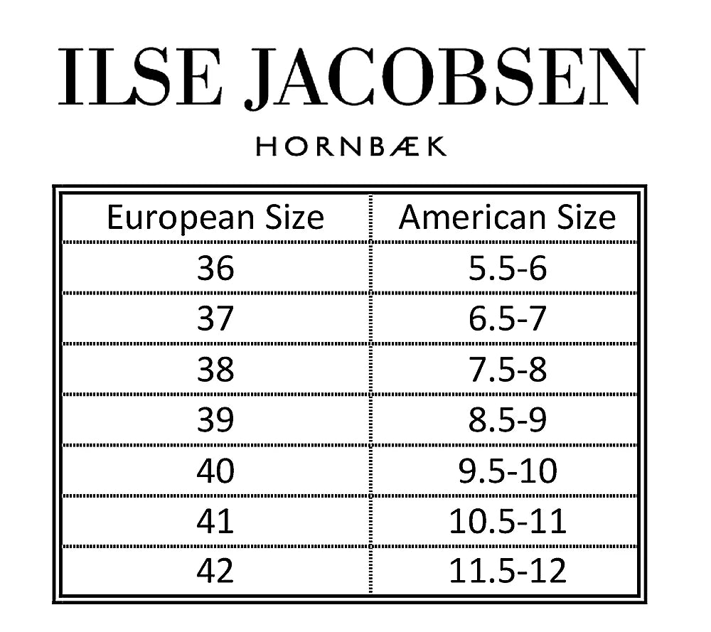 Size chart for PLATIN SANDALS DOUBLE STRAP W/BUCKLES by ILSE JACOBSEN, showing European and American sizes.