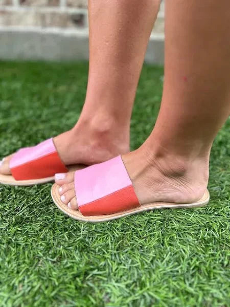 Bonfire Pink and Orange Leather Sandal from Raggdoll Boutique, perfect for trendy coastal style and summer outfits Texas.