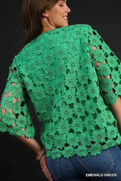 Scalloped Kelly Green Floral Top featuring floral lace details, perfect for trendy coastal style at Raggdoll Boutique.