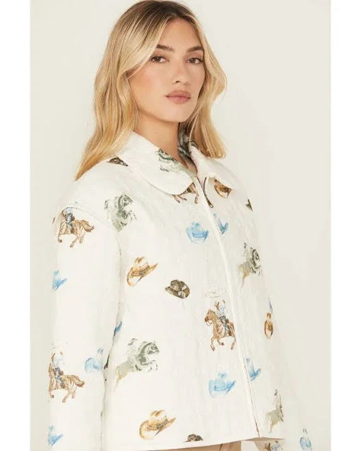 Western motif quilted zip-up jacket featuring a stylish design, perfect for coastal boutique clothing and curvy plus size fashion.