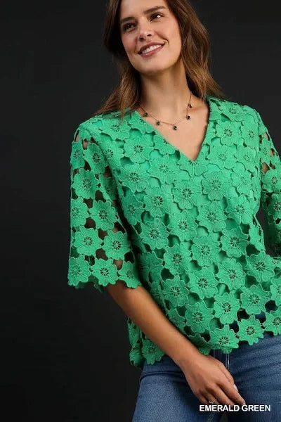 Scalloped Kelly Green Floral Top from Raggdoll Boutique, perfect for trendy coastal style summer outfits Texas.