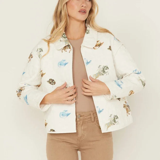Stylish Western motif quilted zip-up jacket from Port Aransas boutique, ideal for coastal boutique clothing lovers.
