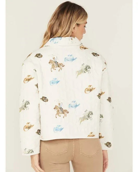 Back view of a Western Motif Quilted Zip-up Jacket, perfect for coastal boutique clothing and stylish women's fashion.