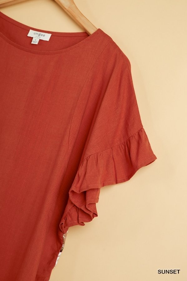 SUNSET TOP WITH BACK PRINT DETAIL featuring ruffle sleeves and linen blend fabric, perfect for summer outfits Texas.