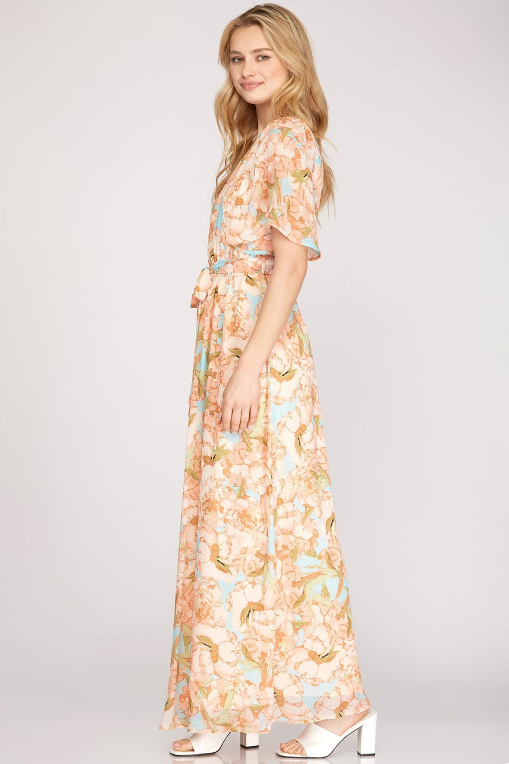 PEACHES N' CREME DRESS - half flutter sleeve one shoulder maxi dress at Raggdoll Boutique