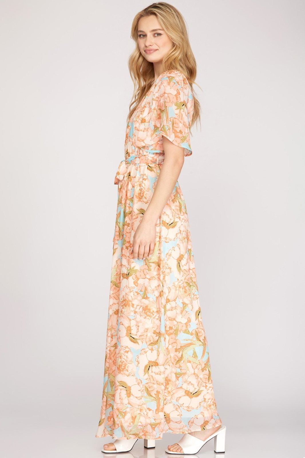 PEACHES N' CREME DRESS - half flutter sleeve one shoulder maxi dress at Raggdoll Boutique