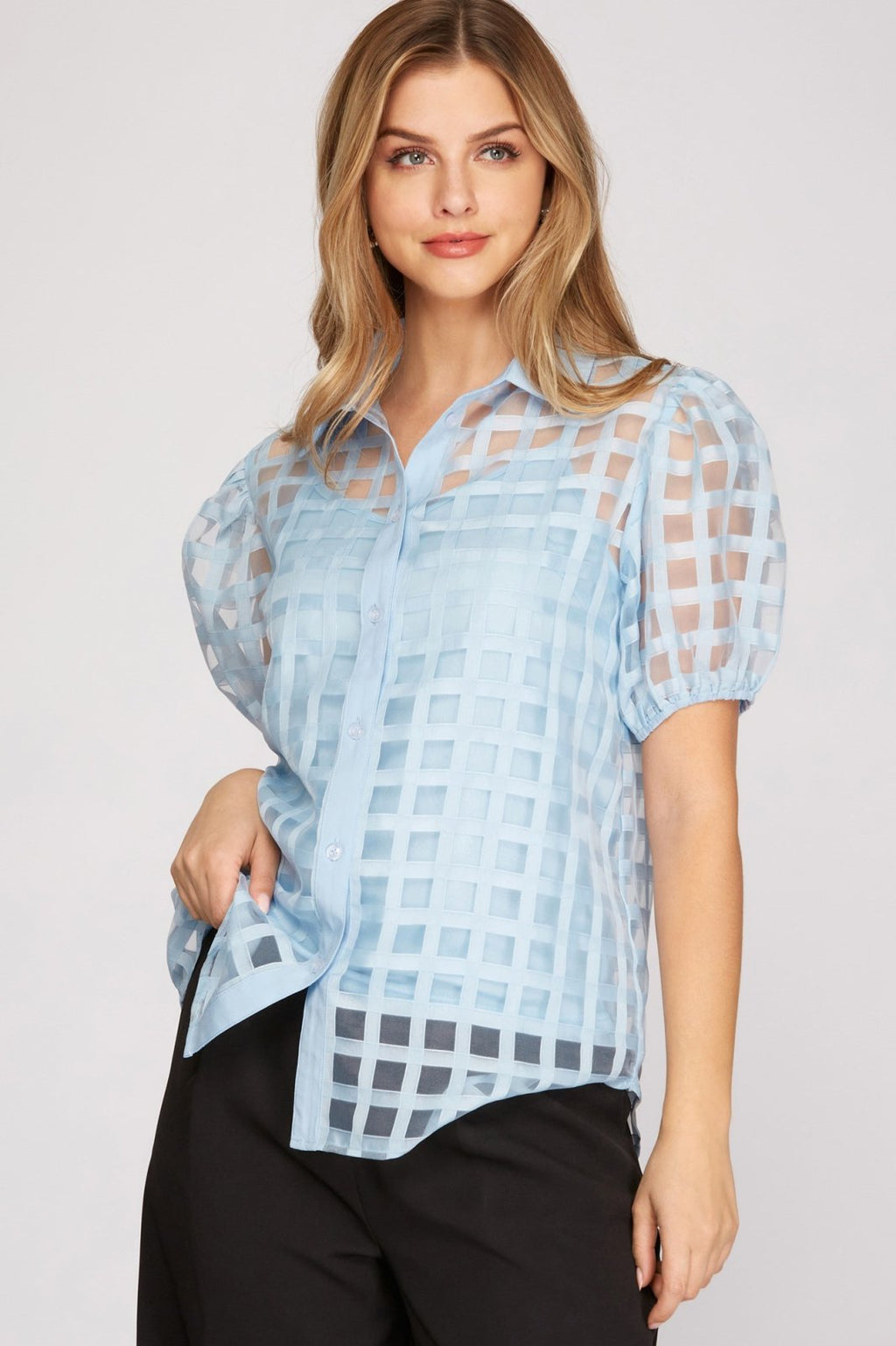 SKY BLUE ORGANZA TOP from Raggdoll Boutique, perfect for trendy coastal style and summer outfits Texas.