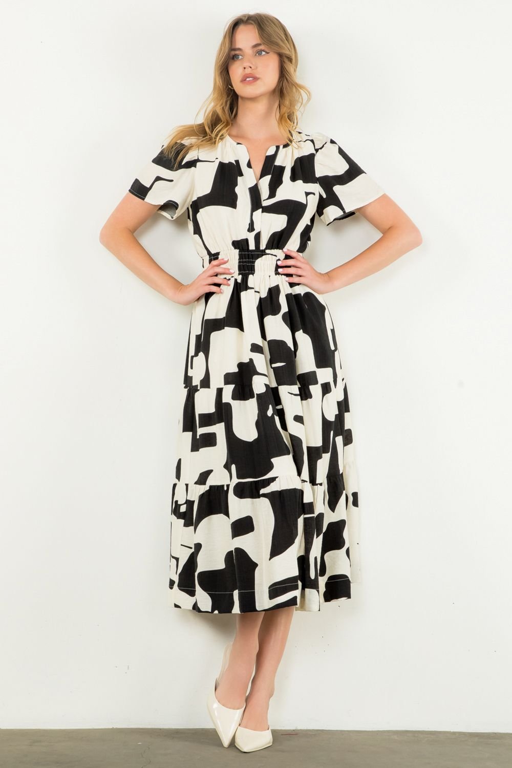 THML JOSS DRESS in black and white abstract print, perfect coastal boutique clothing for beach outings and tropical vacations.