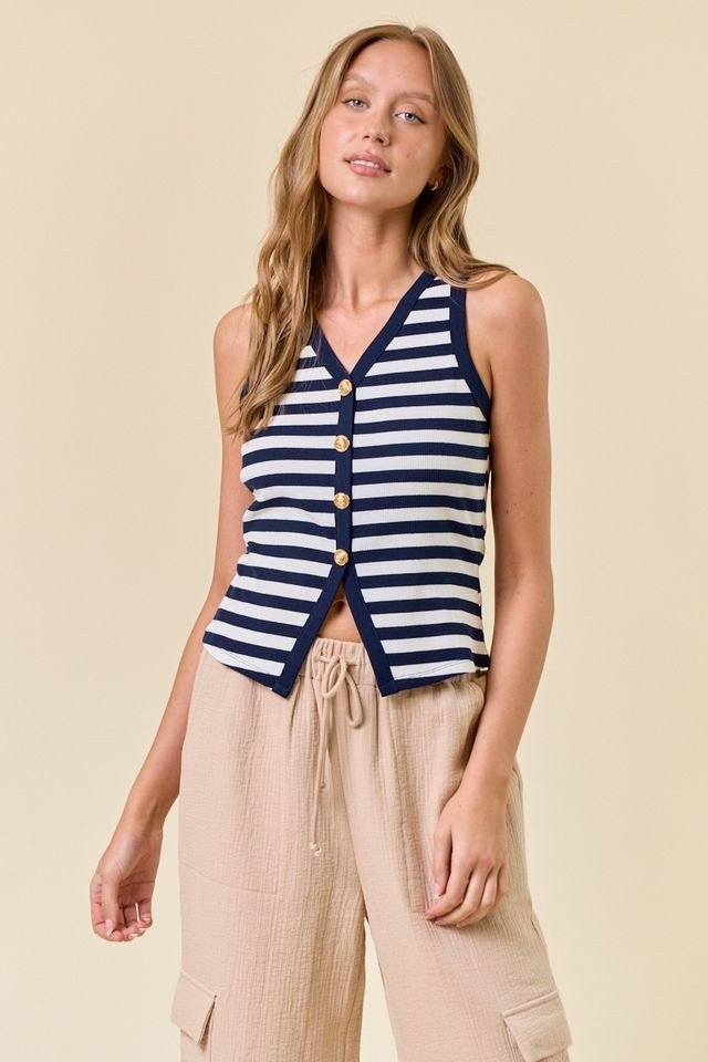 Navy striped knit tank top with gold-tone buttons, perfect for coastal boutique clothing and stylish tops for women.