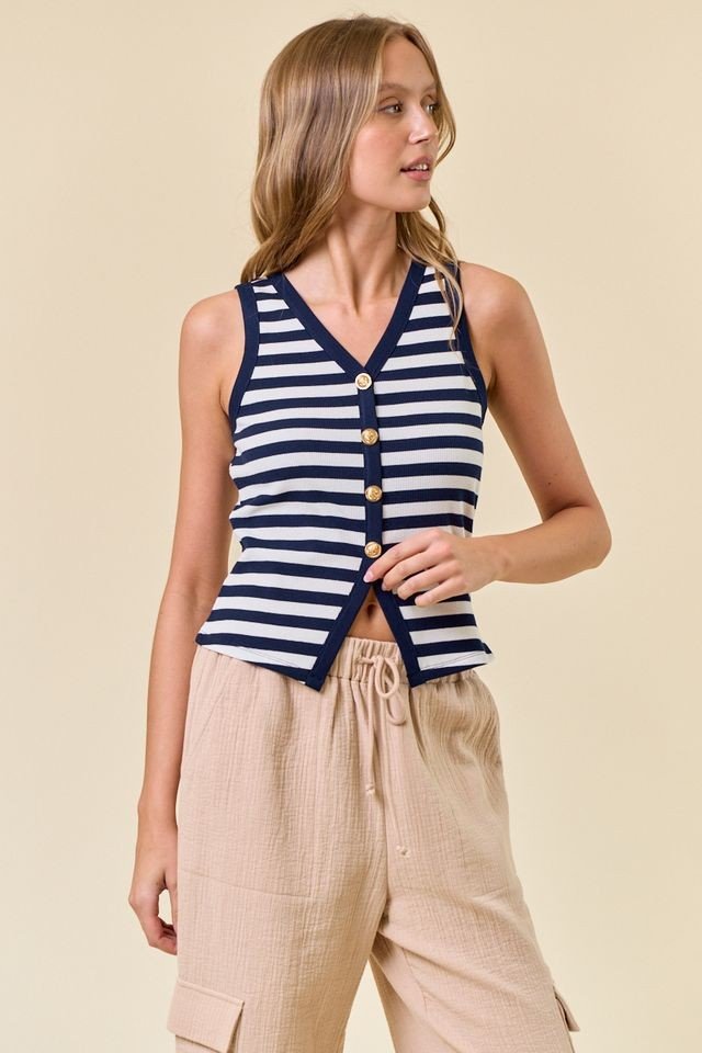 Navy stripe knit tank top with button detailing, perfect for coastal boutique clothing and stylish women's fashion.