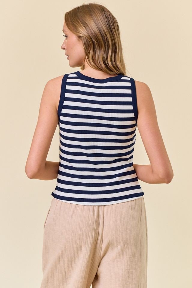 Navy stripe knit tank top from Port Aransas boutique, perfect for coastal boutique clothing and stylish women's fashion.