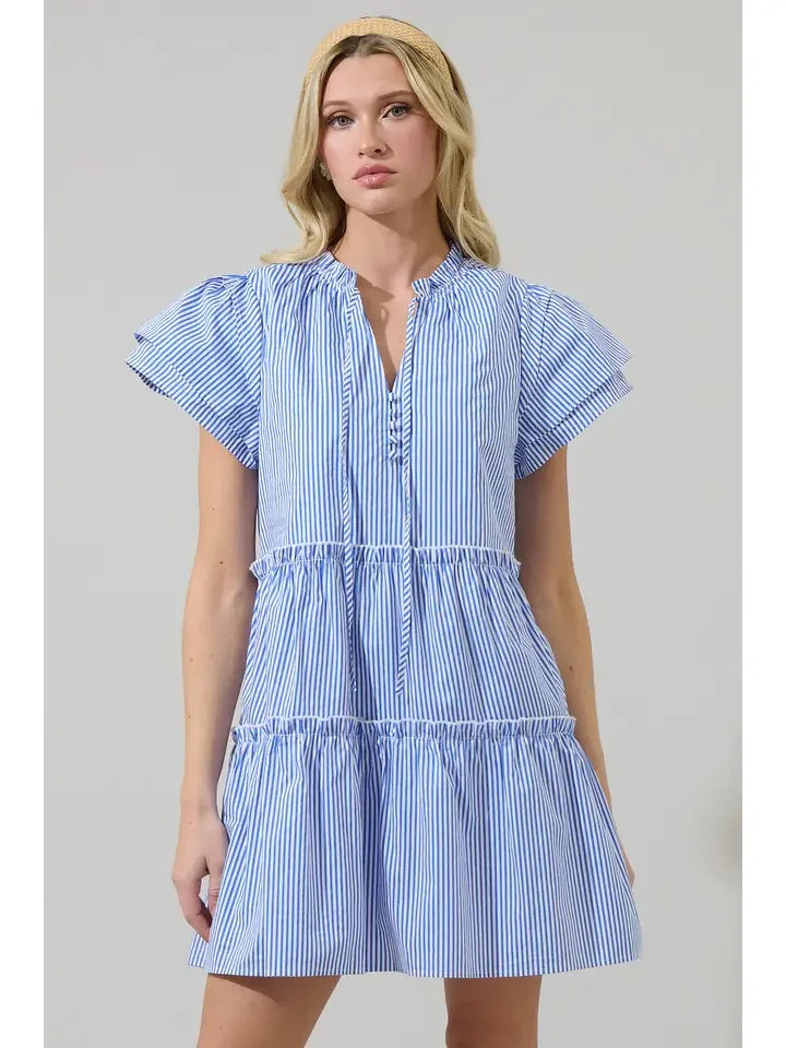 Blue & white striped tiered mini dress for casual outings, curated women's fashion from a Port Aransas boutique.