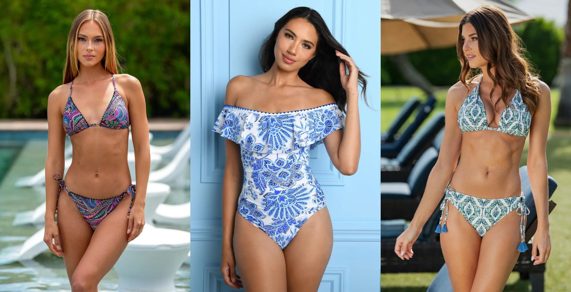 Trendy boutique swimwear styles for summer from Raggdoll Boutique in Port Aransas, showcasing vibrant bikinis and chic one-pieces.
