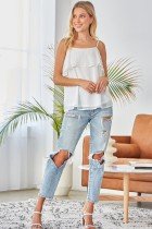 WHITE/SILVER THREAD TOP from Raggdoll Boutique styled with ripped jeans, perfect for trendy coastal style.