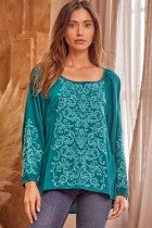 SAVANNA JANE TEAL EMBROIDERED TOP model wearing boutique top from Raggdoll Boutique, perfect for summer outfits Texas.