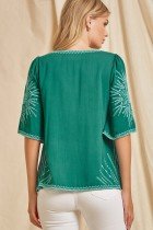 Back view of a woman wearing a TEAL EMBROIDERED TOP, showcasing trendy coastal style from Raggdoll Boutique.
