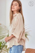 PLUS CHAMPAGNE TOP shown on model in trendy coastal style from Raggdoll Boutique, perfect for summer outfits Texas.